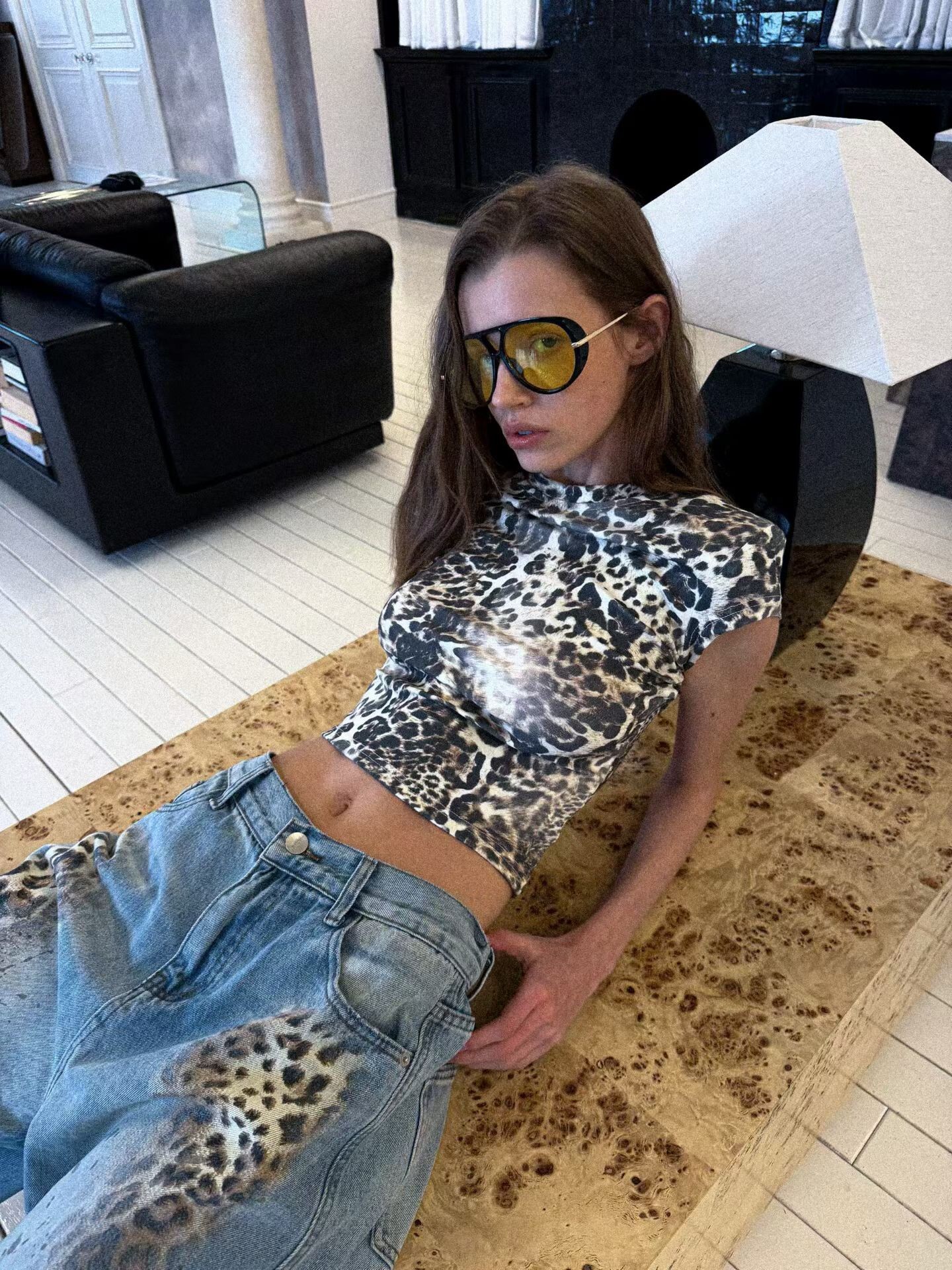 豹紋小袖貼身輕薄T