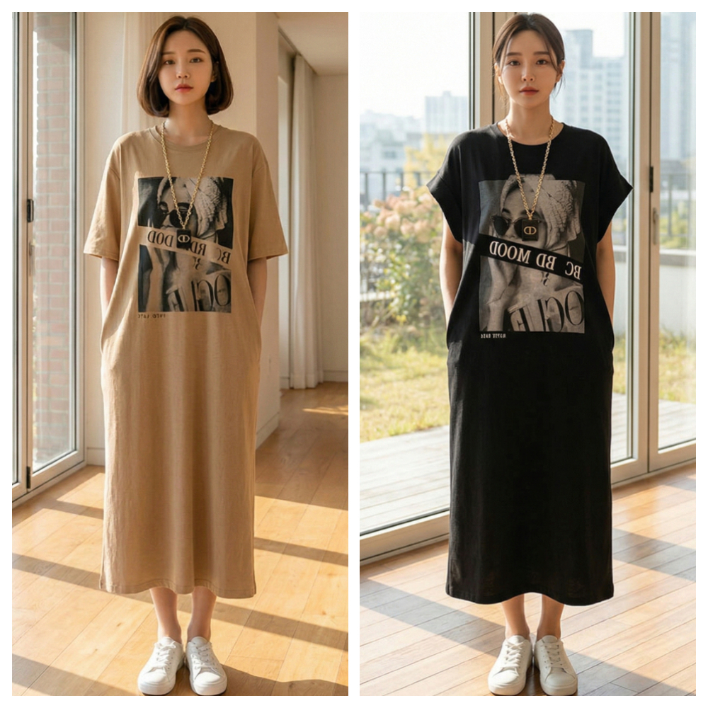 【ASister 小姊姊】AS0034#純棉休閒洋裝☆*潮流模特*棉質韓版寬鬆顯瘦中長版連身裙(2色 M-2XL)