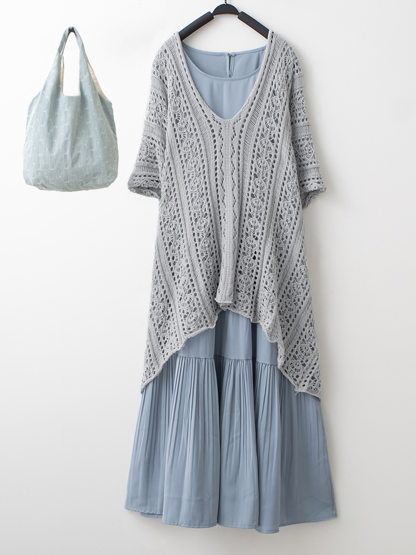 簍空針織罩衫圓領剪接壓褶短袖長洋裝組合