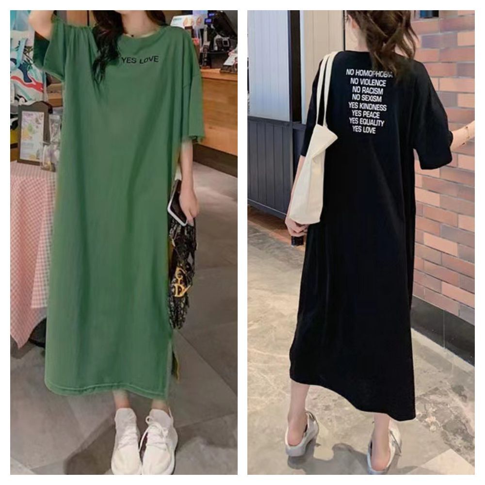 【ASister 小姊姊】休閒洋裝☆*YES LOVE*中大尺碼寬鬆顯瘦中長版印花連身裙(2色_M-4XL)