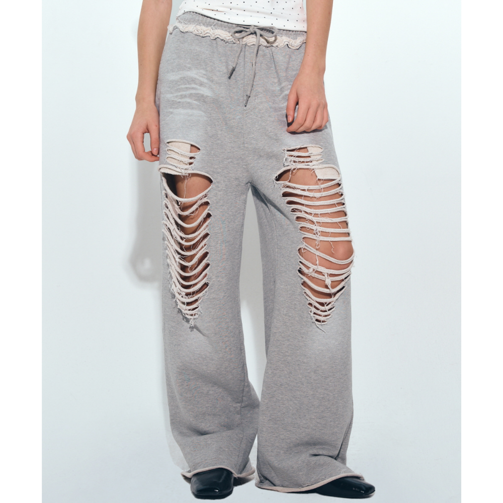 KOR-CCG0327-357 DESTROYED COTTON LOUNGE PANTS_GRAY (A57)