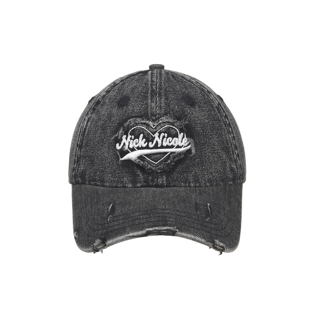 KOR-CCG0327-378 DESTROYED HEART DENIM BALL CAP_BLACK (A78)