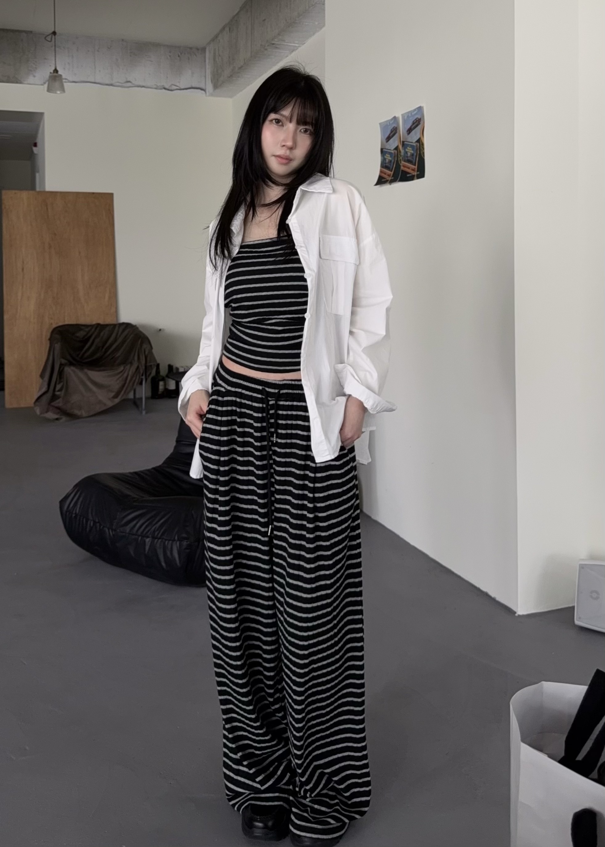 夏日度假感-條紋吊帶背心+寬褲SET