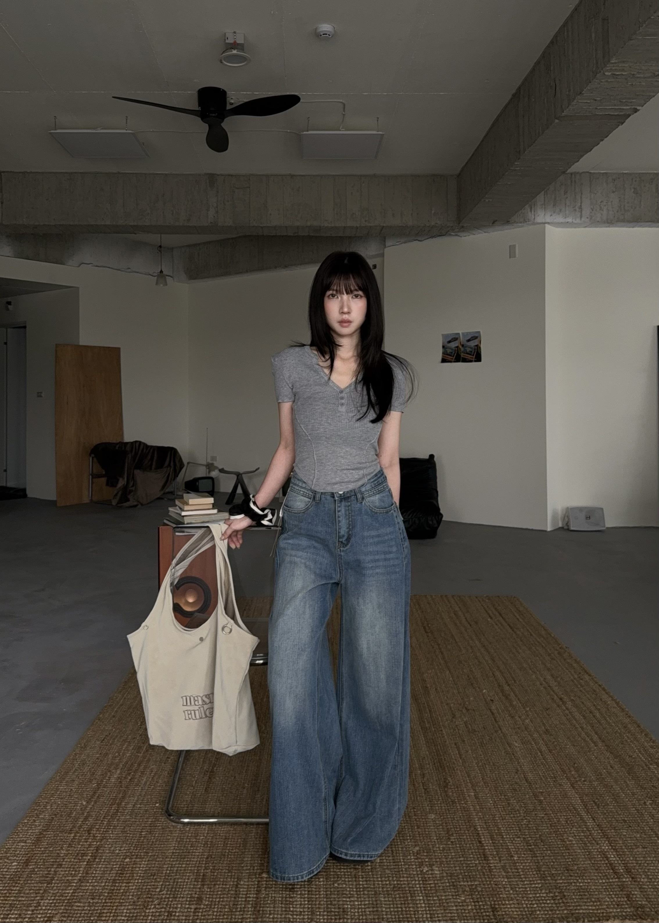 水洗刷色直紋後翻蓋闊腿褲