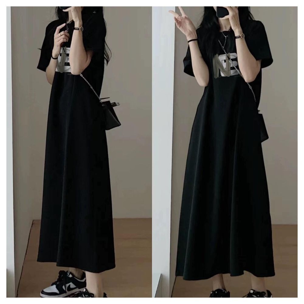 【ASister 小姊姊】AS0209#休閒洋裝☆*黑與灰*加大尺碼韓版寬鬆顯瘦中長版連身裙(M-4XL)