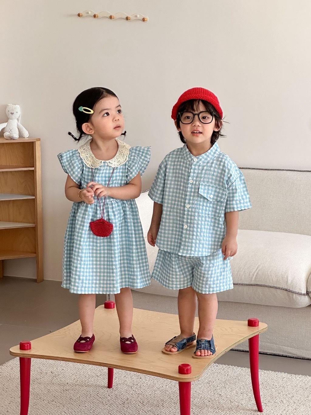 清新格紋兄弟姐妹連身裙 / 套裝