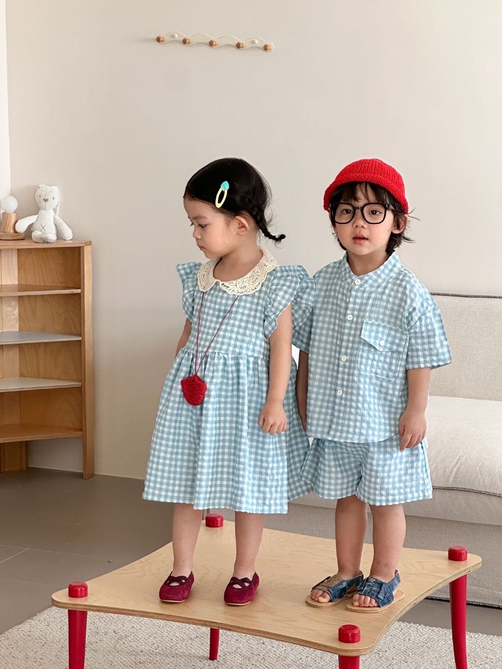 清新格紋兄弟姐妹連身裙 / 套裝