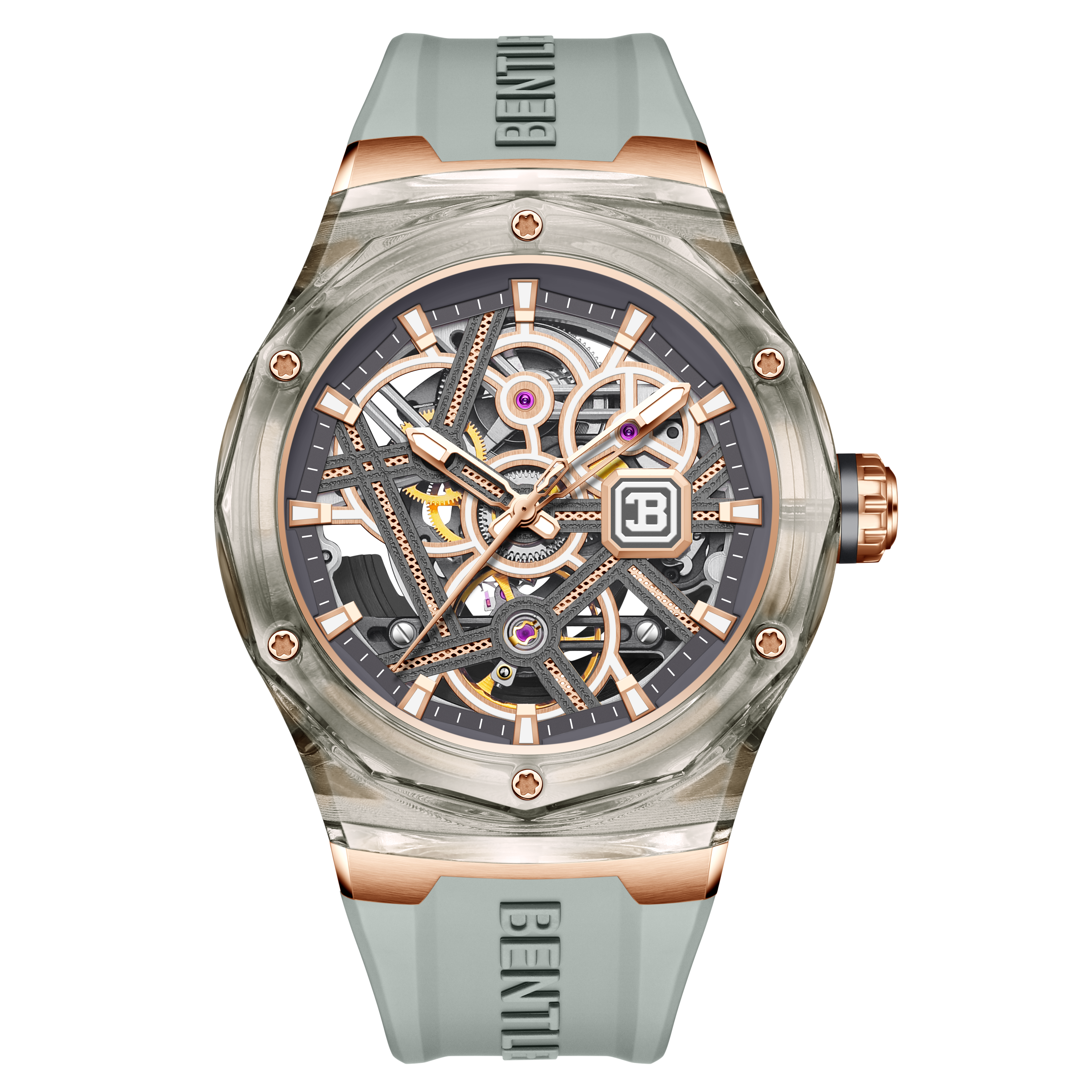 【BENTLEY 賓利】THE CYNOSURE 曜影系列 BL-60系列 潮流 綠水晶錶殼 機械 雙面鏤空 夜光指針刻度 手錶