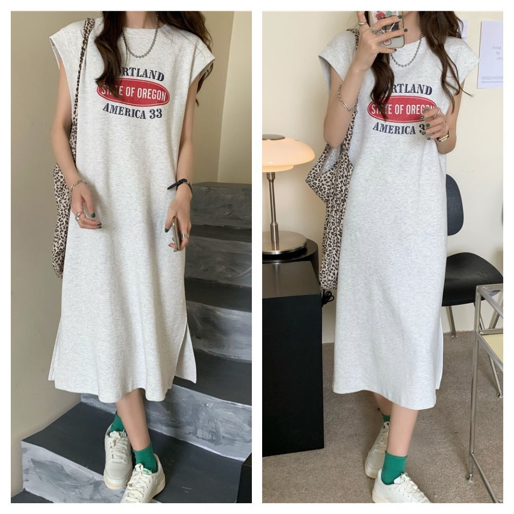 【ASister 小姊姊】AS0211#無袖休閒洋裝☆*美式字牌*加大尺碼韓版寬鬆顯瘦中長連身裙(2色 M-2XL)