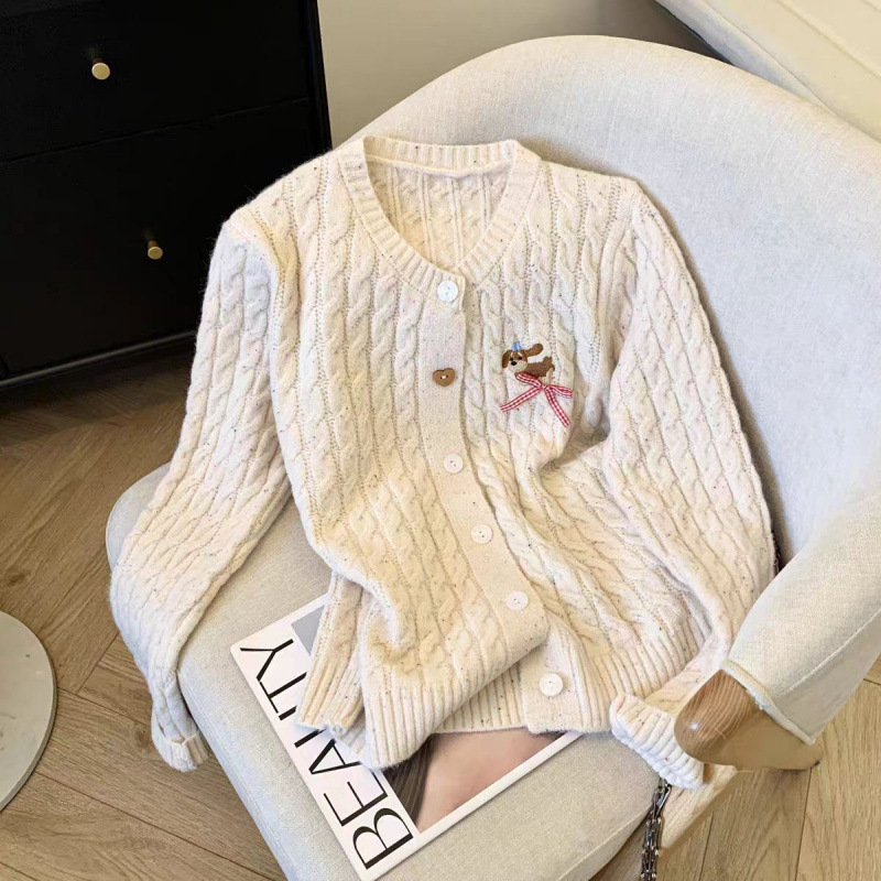 Preppy Cartoon Puppy Embroidered Knit Cardigan