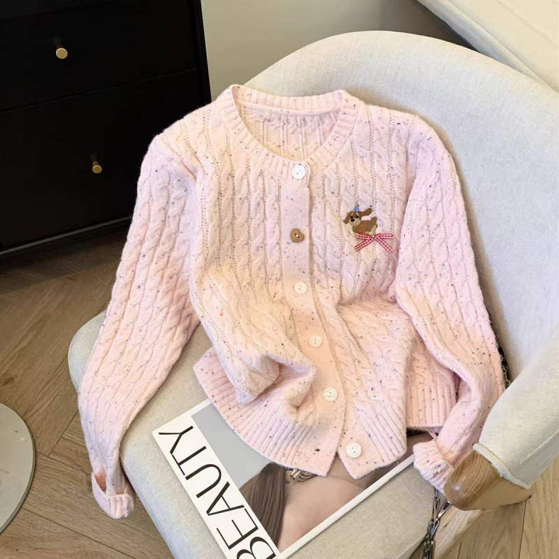 Preppy Cartoon Puppy Embroidered Knit Cardigan