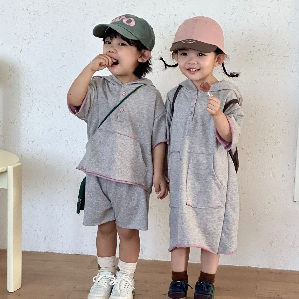 休閒拼色兄弟姐妹連帽連身裙 / 套裝