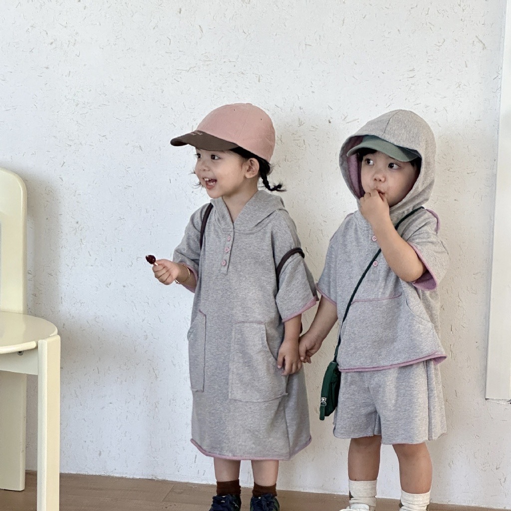 休閒拼色兄弟姐妹連帽連身裙 / 套裝