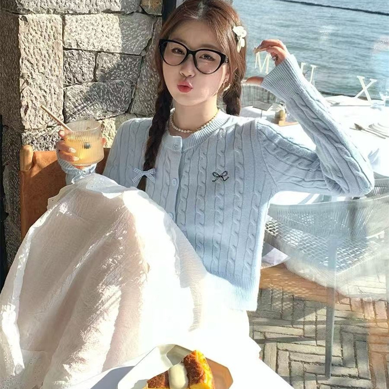 Embroidered Bow Cable Knit Soft Cardigan