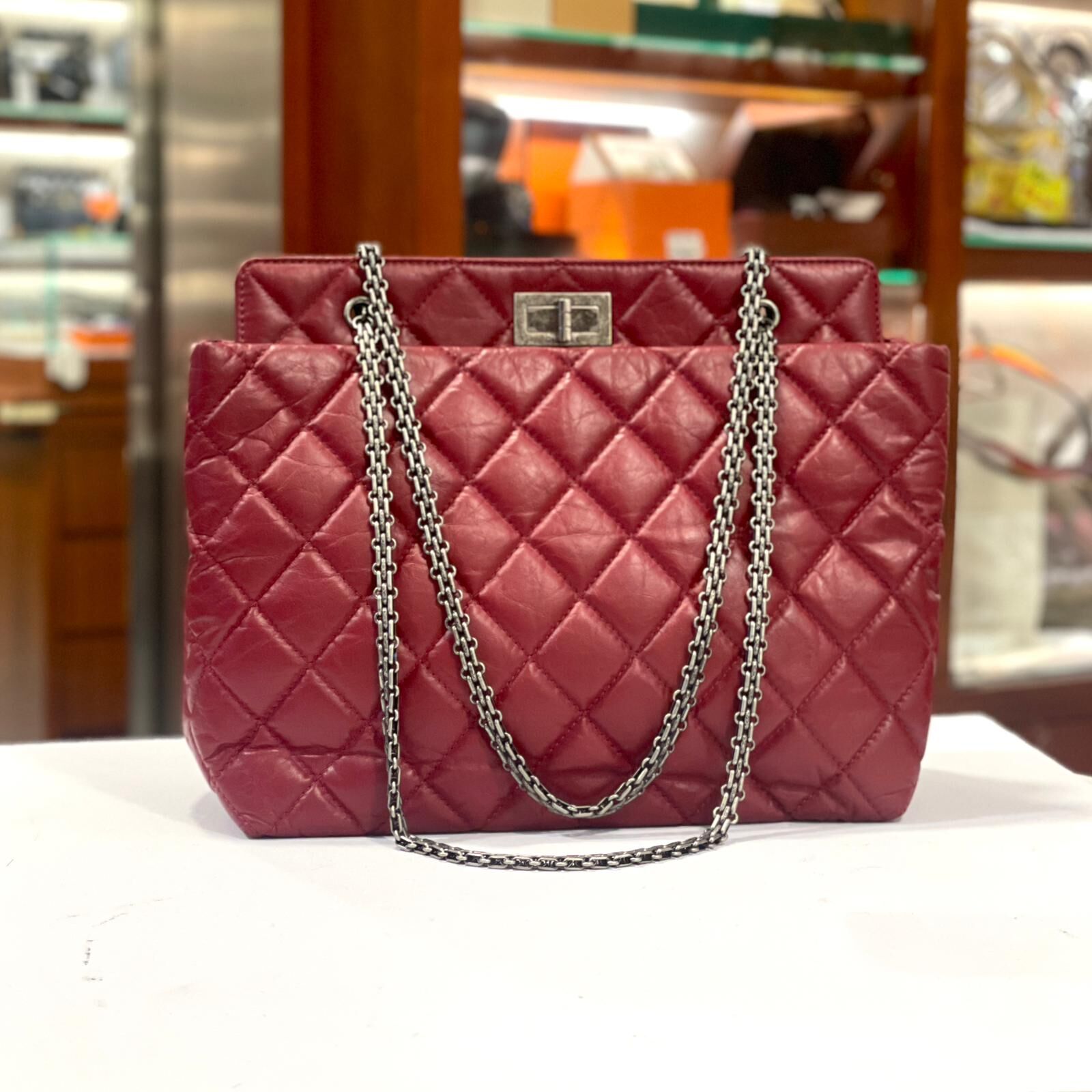 未使用品!!! CHANEL 2.55 CHAIN TOTE BAG 紅色菱格紋牛皮復古銀扣@163開 #BRAND NEW #香榭站正品