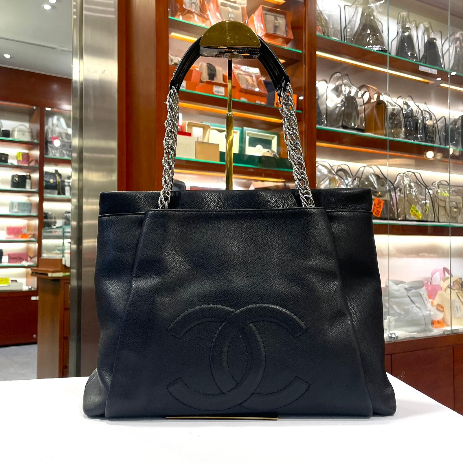 98%NEW二手CHANEL TOTE BAG 黑色荔枝皮銀扣,大CC浮雕LOGO@124開 #香奈兒通勤包 #香榭站正品