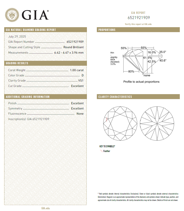 GIA鑽石 1.00 D VS1 3EX NON