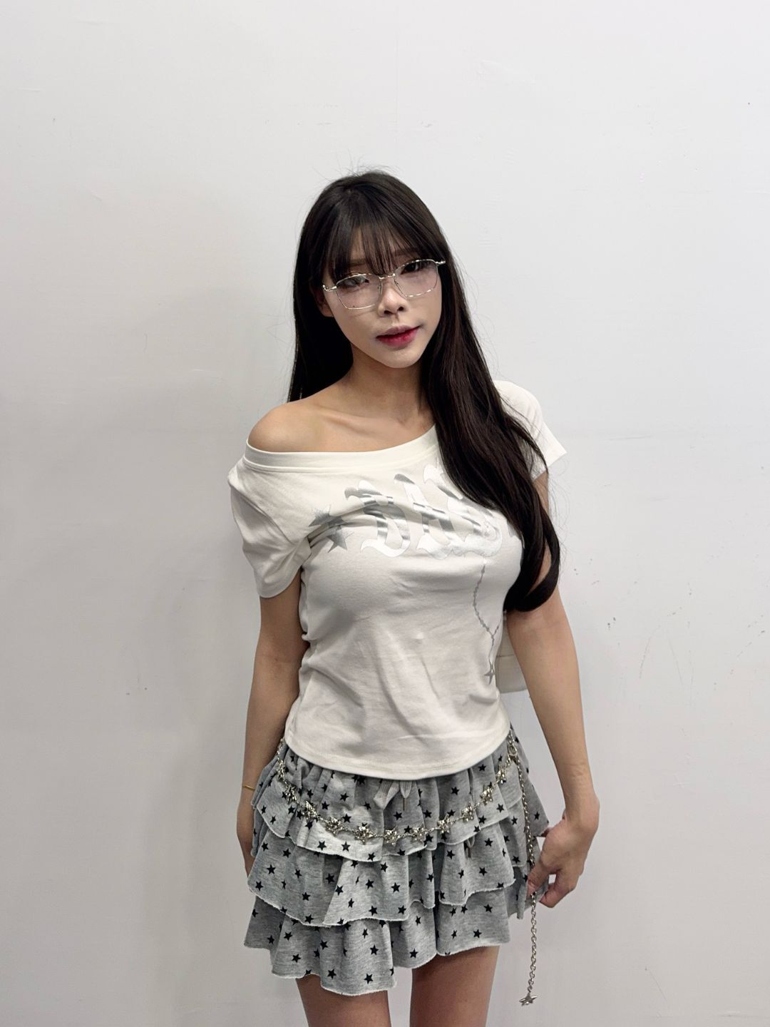 y2k星星露肩印花短袖上衣