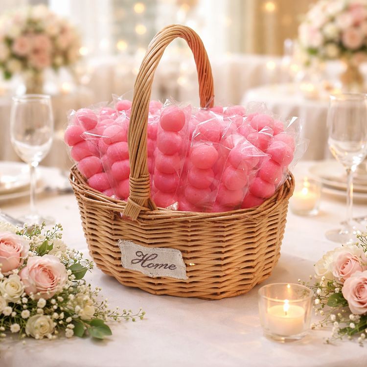 竹籃裝滿糖葫蘆串燒在婚宴桌上