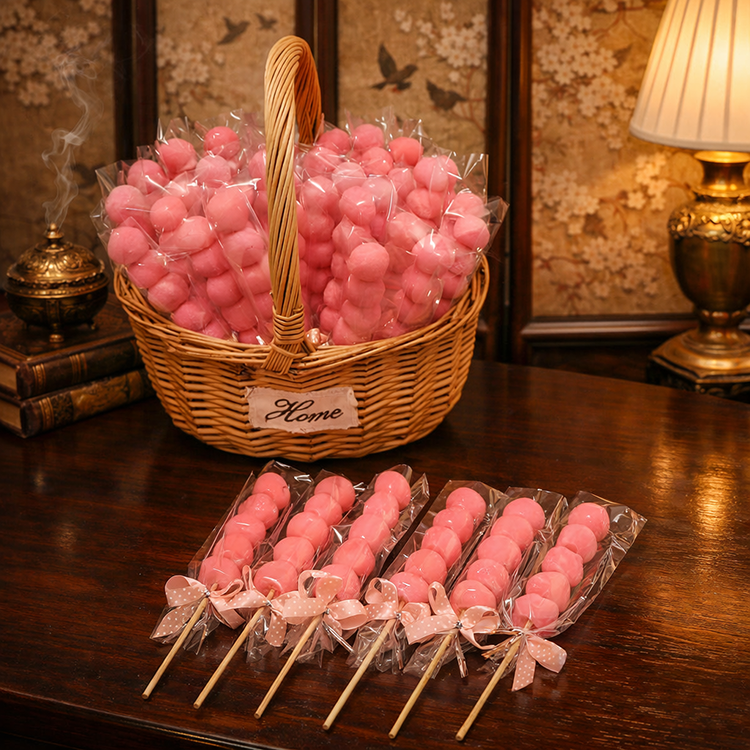 竹籃裝滿糖葫蘆串燒在婚宴桌上