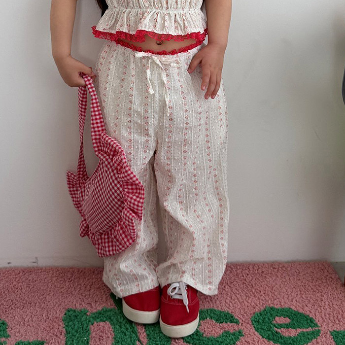 正韓夏EllyMolly 小紅花紅色腰邊長褲