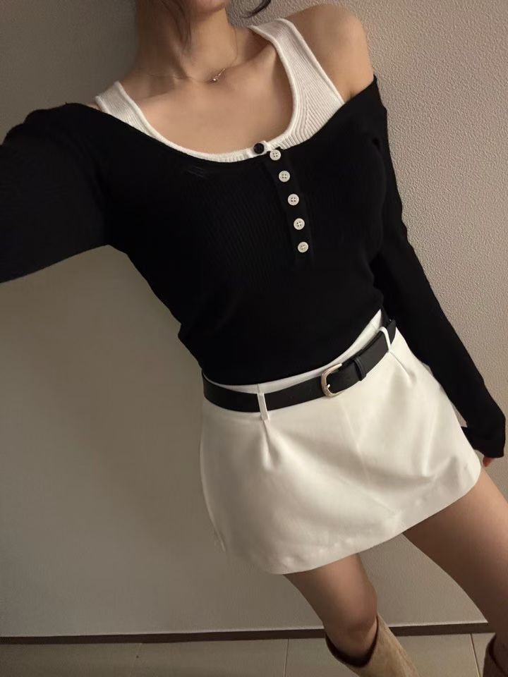 U14 假兩件式鈕扣上衣(黑白/灰白/藍色）