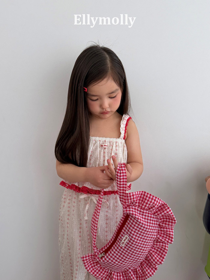 正韓夏EllyMolly 小紅花紅蕾絲滾邊上衣