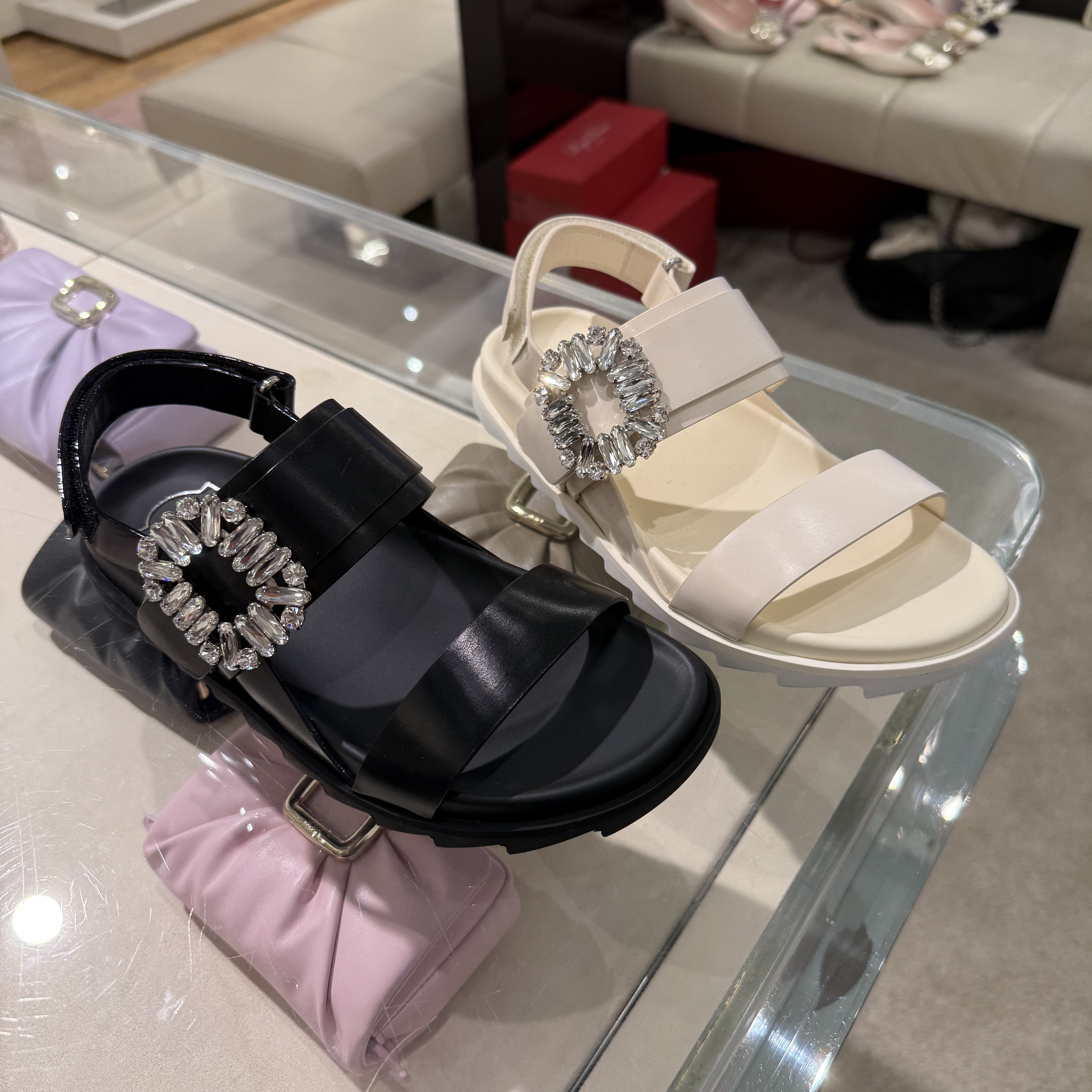 Roger Vivier RV slidy viv strass buckle sandals black white