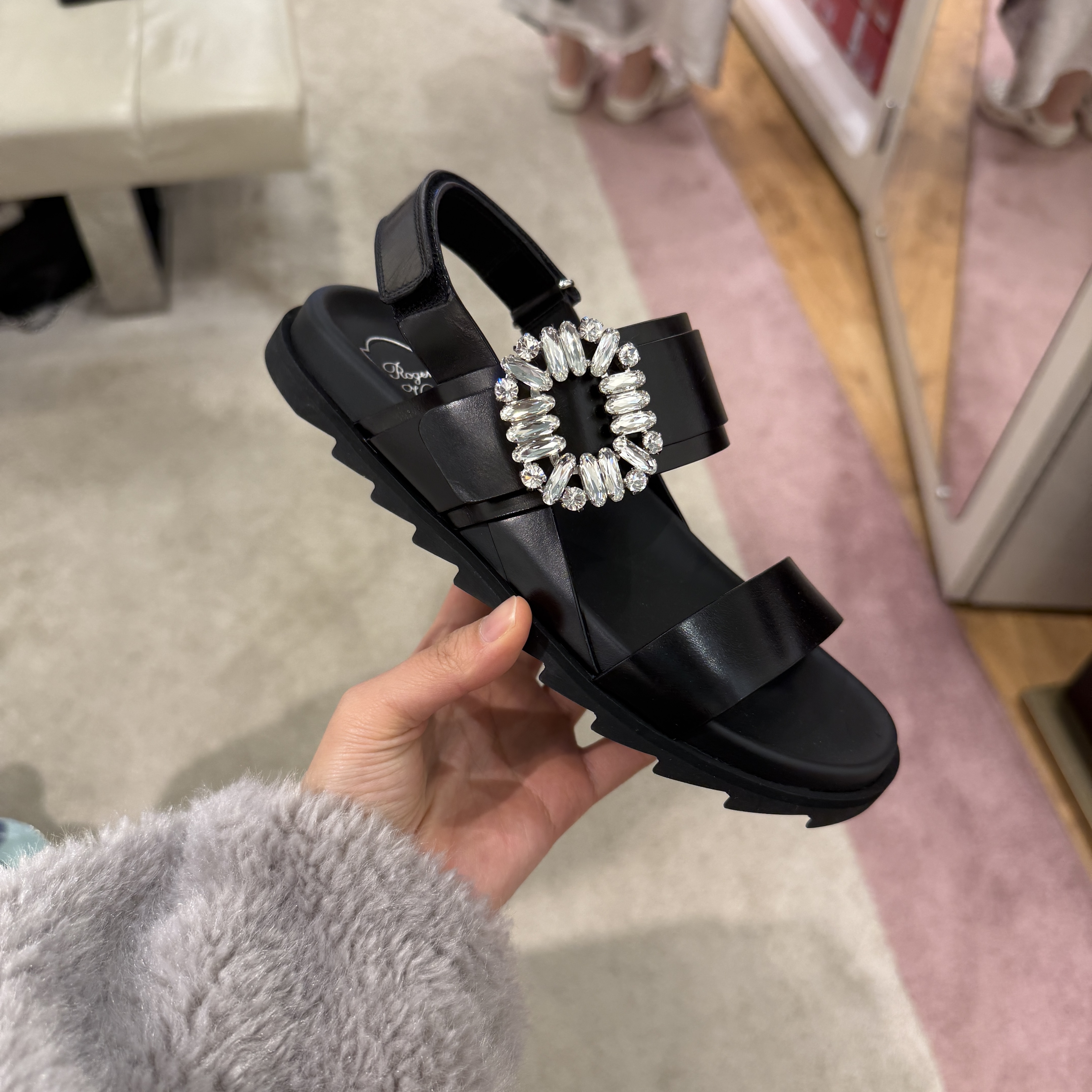 Roger Vivier RV slidy viv strass buckle sandals black white