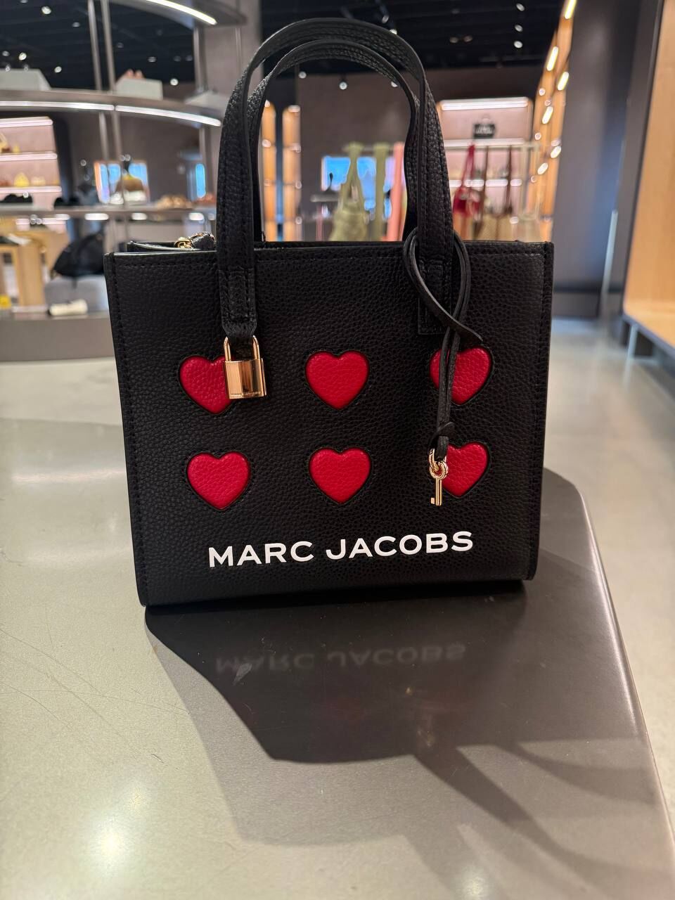 [U] MJ BLACK MULTI 4R5HTT198H01-002 VALENTINE'S DAY HEART MINI GRIND LEATHER TOTE BAG, 196611803434 (UMJ265)