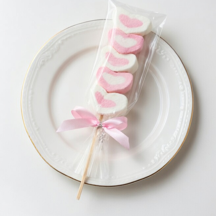 5顆愛心棉花糖蝴蝶結串燒在白盤上