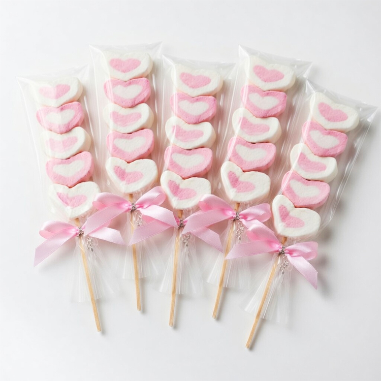 5支5顆愛心棉花糖蝴蝶結串燒在白桌上