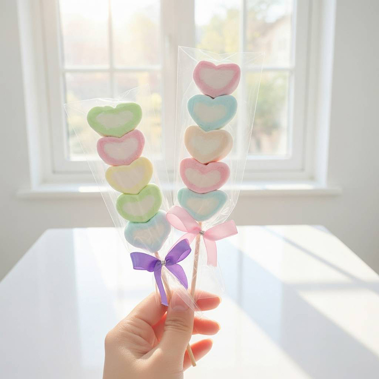 手拿2支5顆愛心棉花糖蝴蝶結串燒,背景為白窗陽光