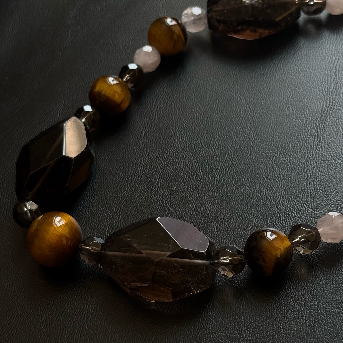 [原石] 茶晶+粉晶+虎眼石 設計款水晶項鏈