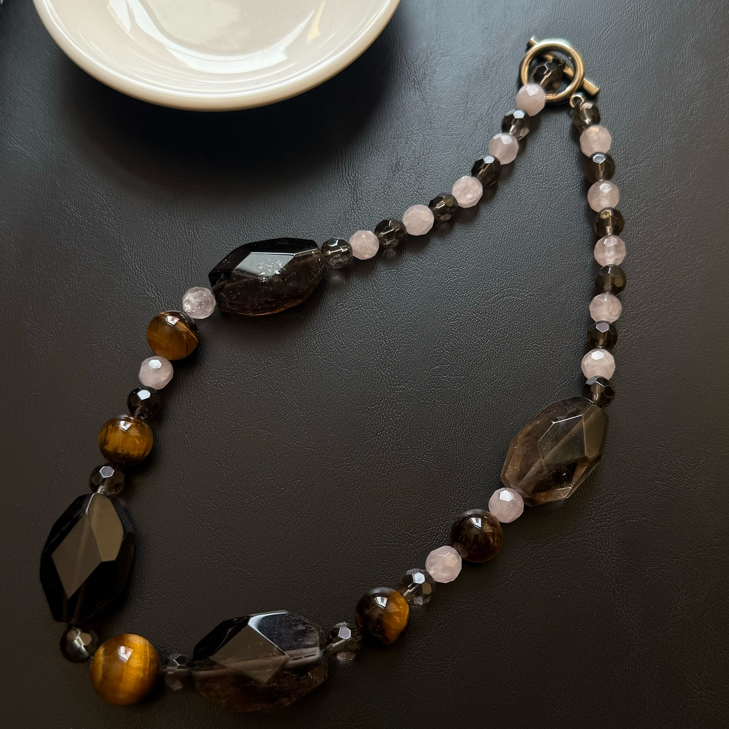 [原石] 茶晶+粉晶+虎眼石 設計款水晶項鏈