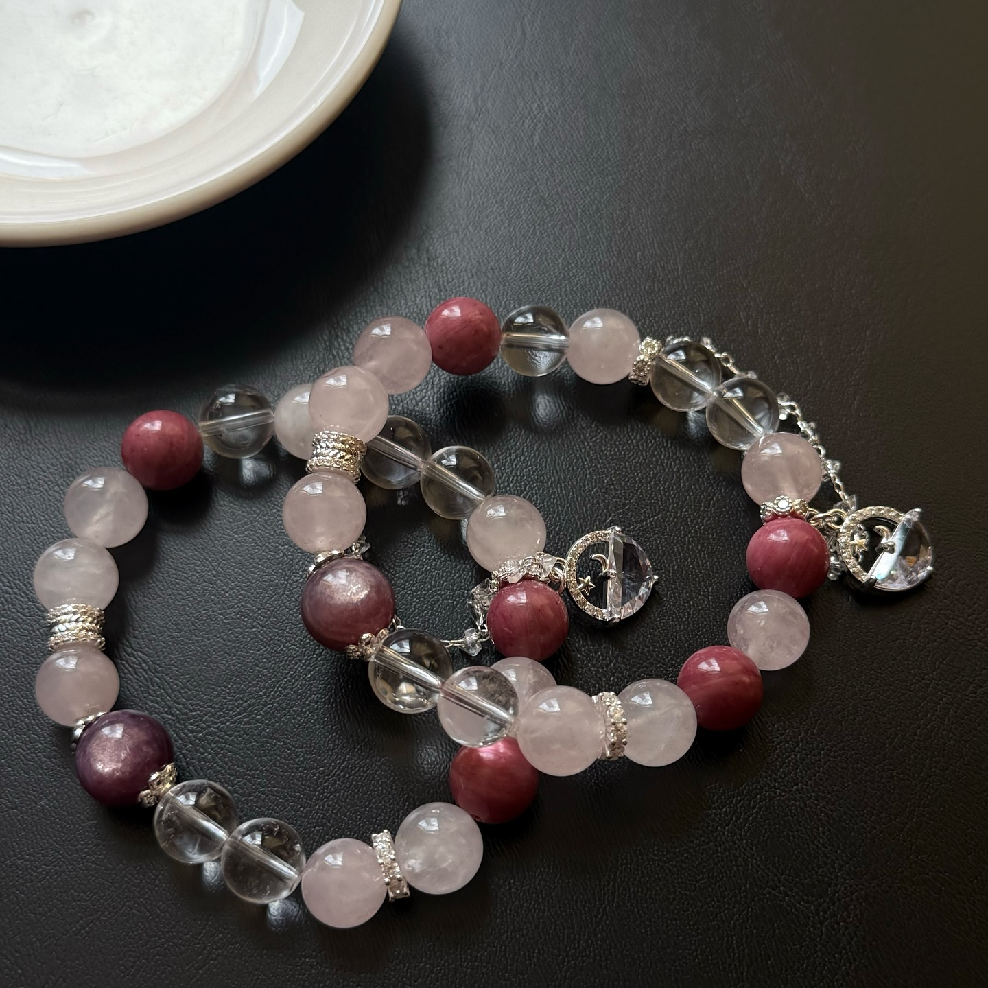 [原石] 薔薇輝石+粉晶+白水晶+紫鋰雲母 設計款手串