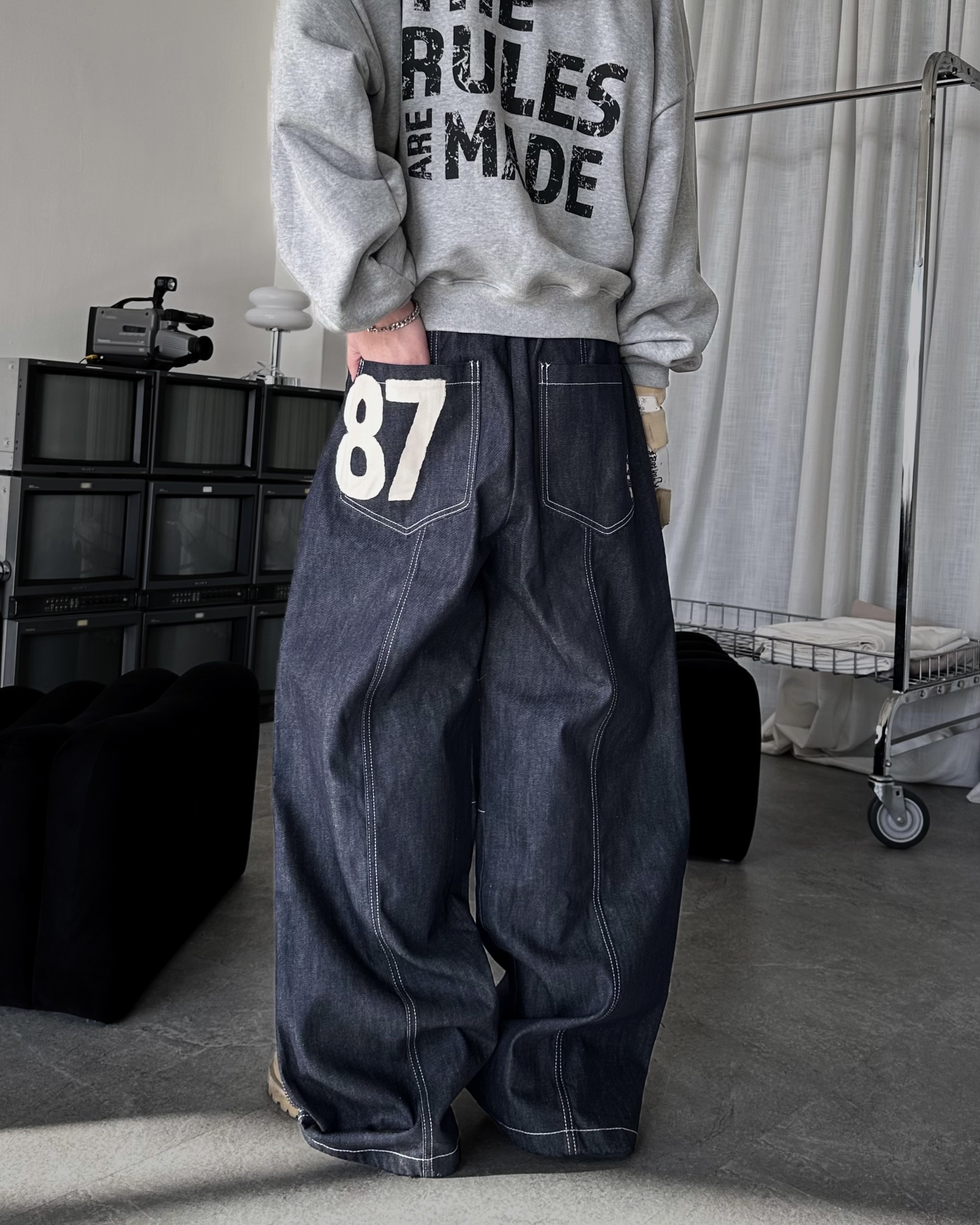 𝐇·𝐓·𝐒 韓國 數字87 美式丹寧 反車線 廓形剪裁 寬鬆 牛仔 長褲