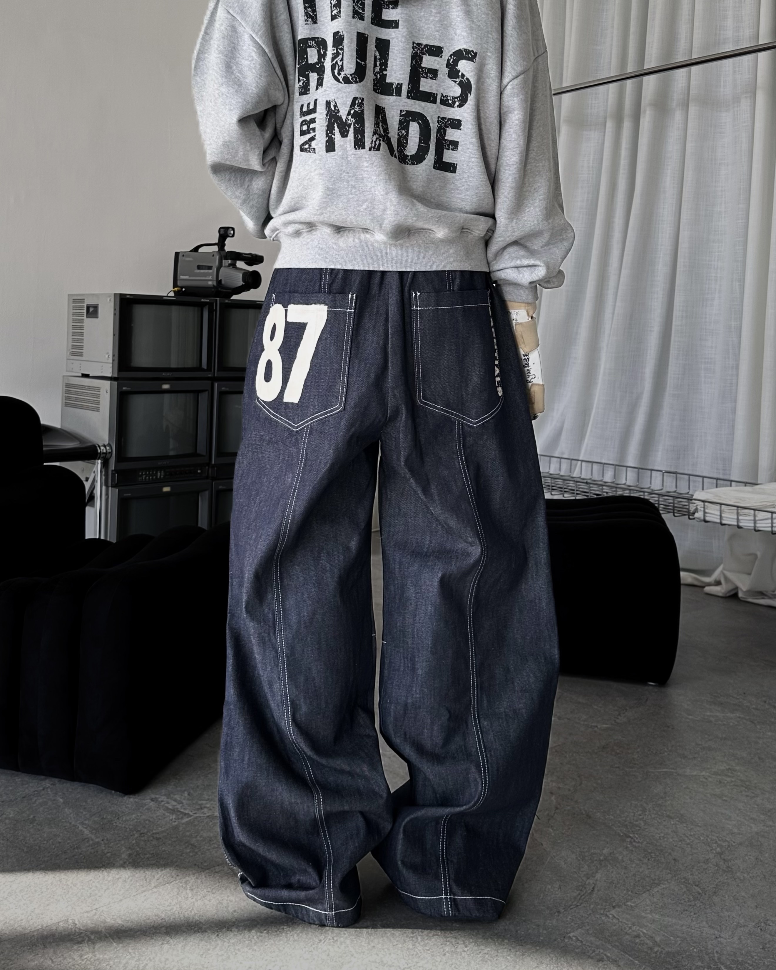 𝐇·𝐓·𝐒 韓國 數字87 美式丹寧 反車線 廓形剪裁 寬鬆 牛仔 長褲