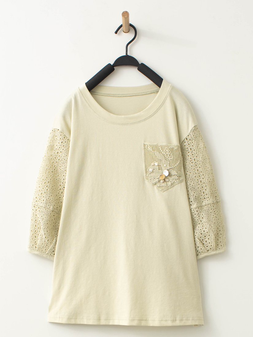 貝殼口袋蕾絲花苞袖上衣