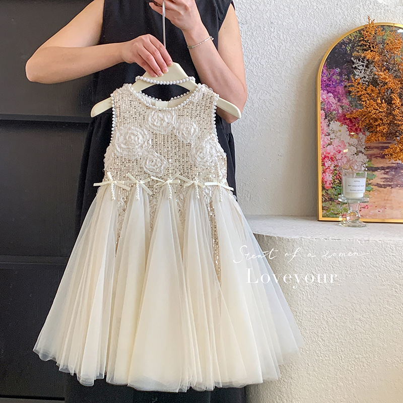 小香風亮片花朵拼接紗裙洋裝 110-150cm #yf100