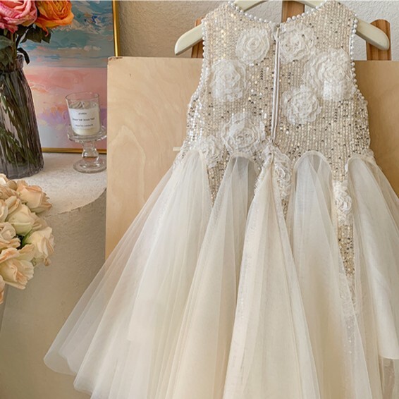 小香風亮片花朵拼接紗裙洋裝 110-150cm #yf100