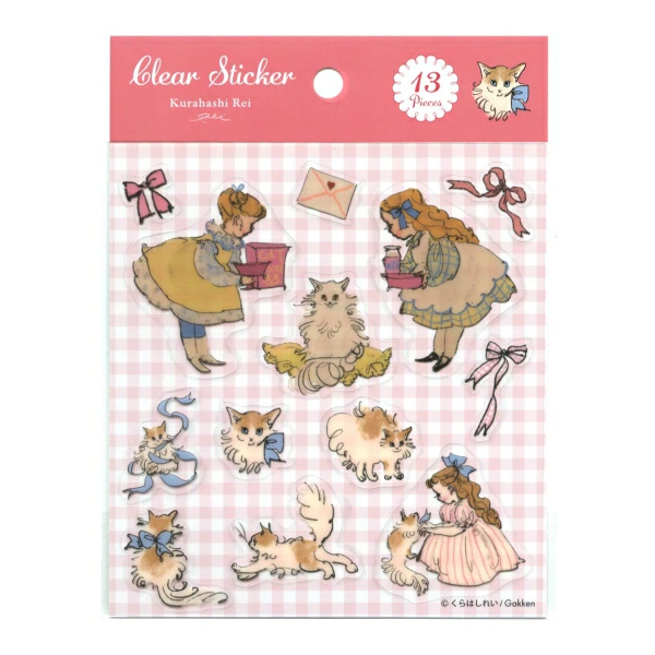 粉色 女孩與貓咪 透明防水貼紙｜日本 倉橋伶衣