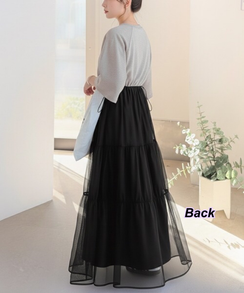 260328 日系女裝鬆身束腰下擺網紗連身裙/3 色