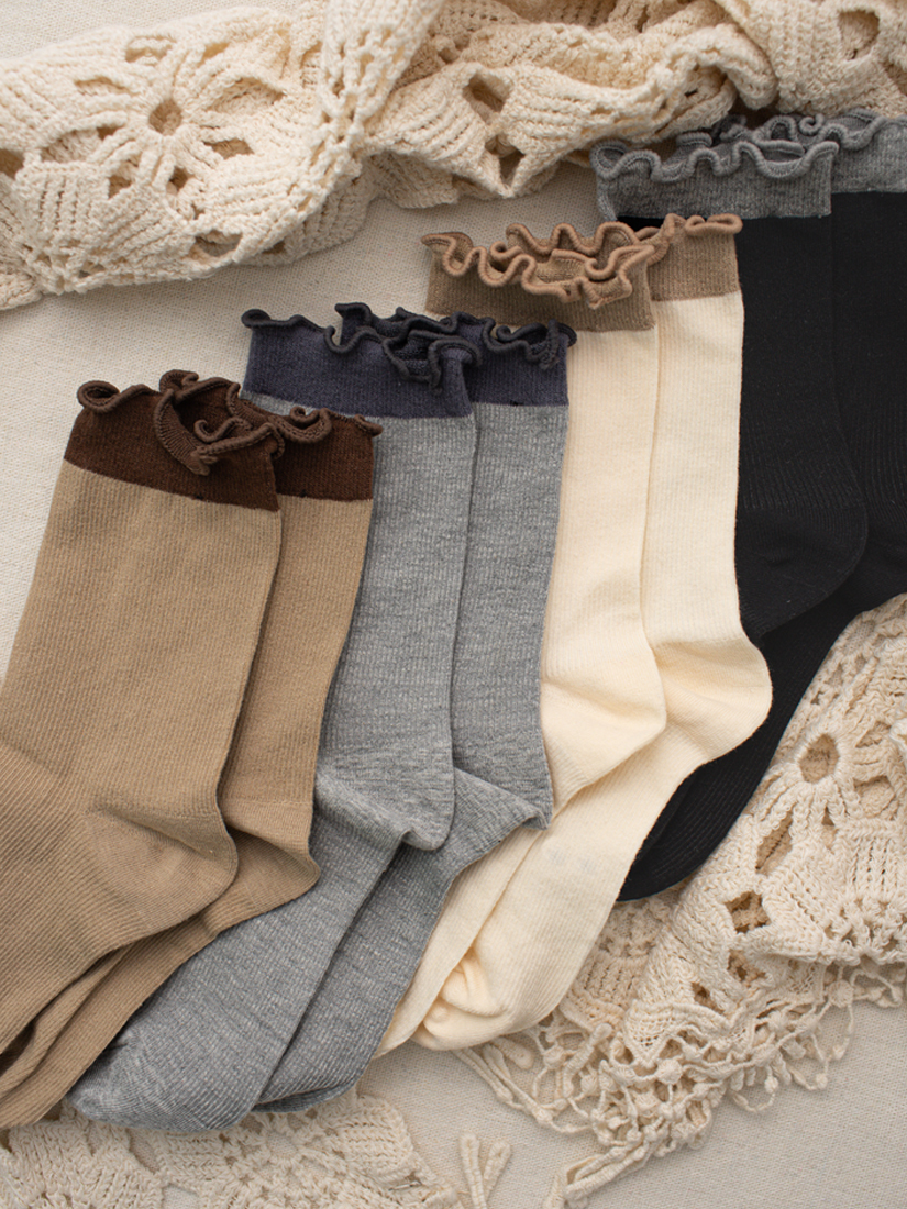 木耳滾邊撞色棉襪