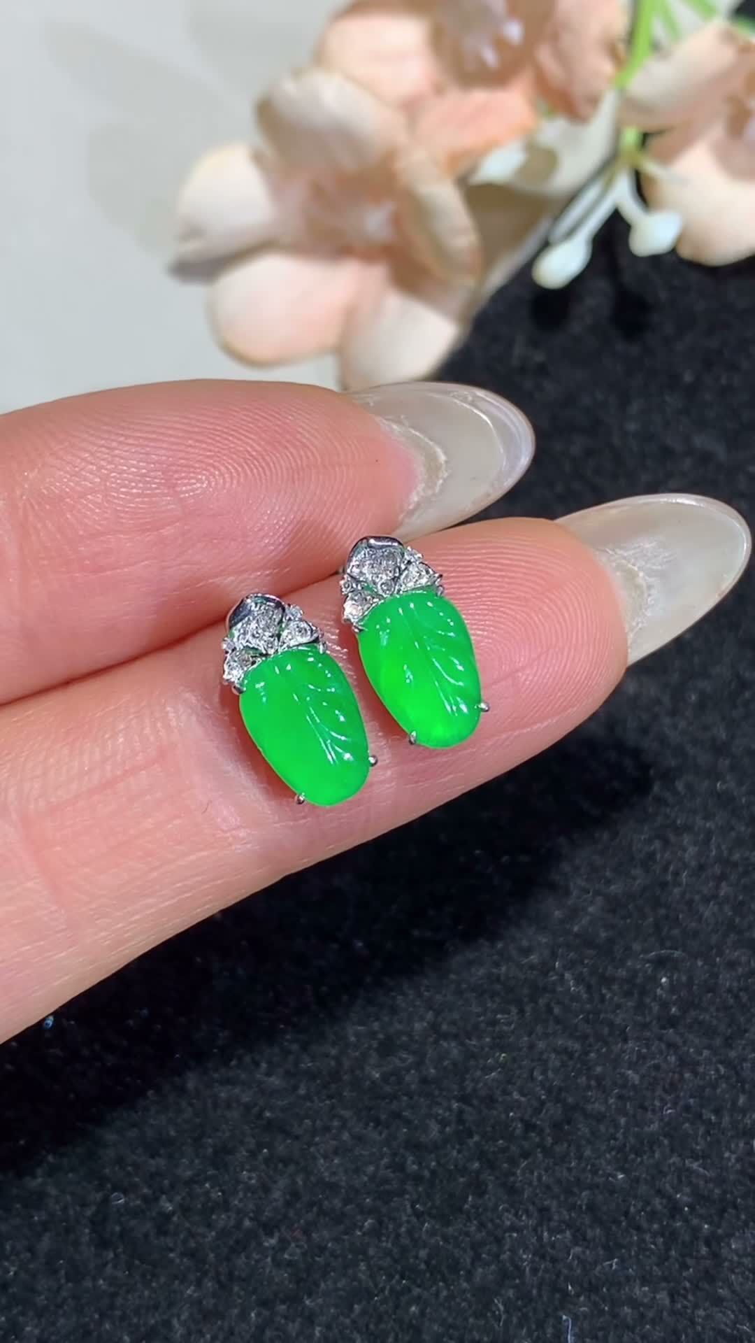 翡翠陽綠葉子耳釘,天然翡翠A玉, 緬甸玉, Jade, Jadeite
