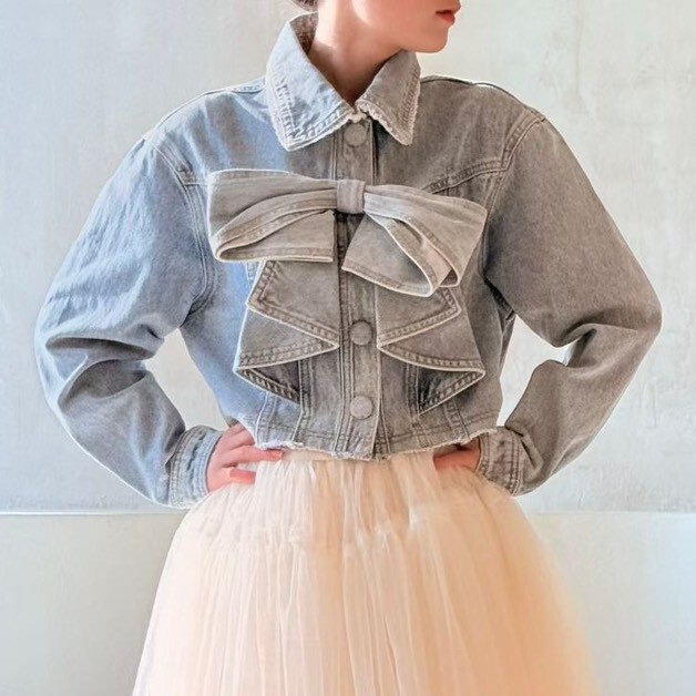 Awe Some 合身立體蝴蝶結短版丹寧外套