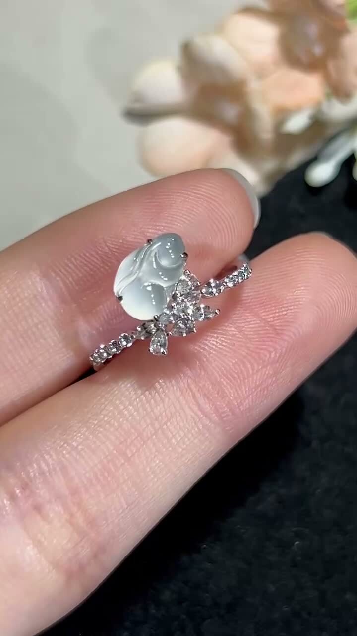 翡翠高冰玉兔女戒,天然翡翠A玉, 緬甸玉, Jade, Jadeite