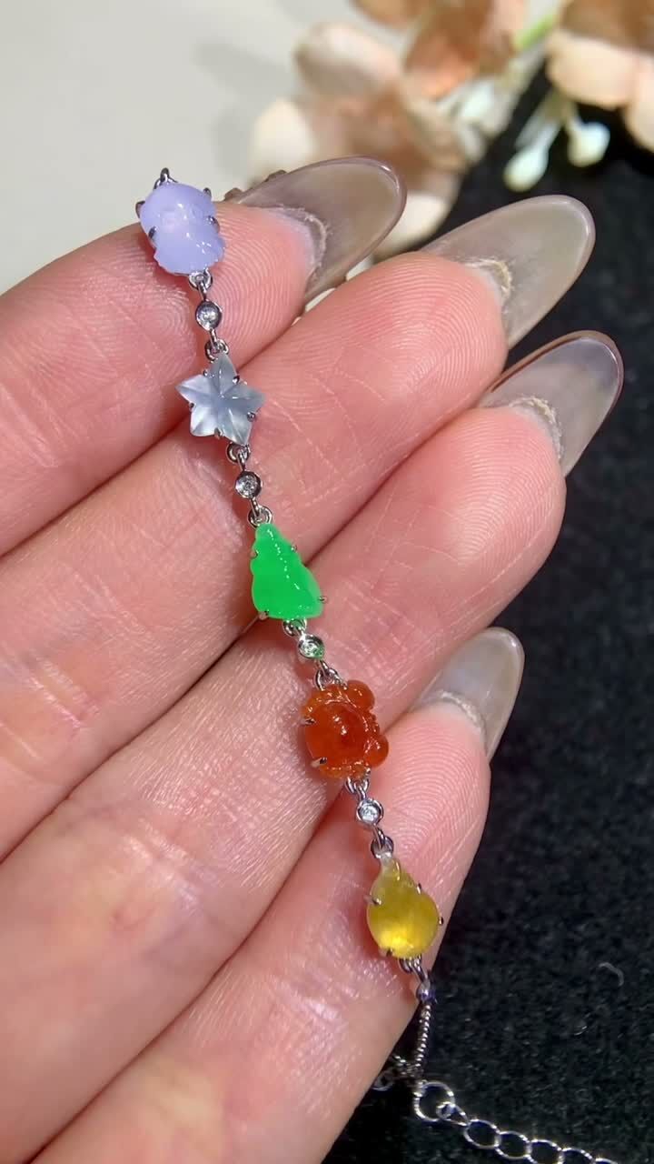 翡翠五彩翡翠手鏈,天然翡翠A玉, 緬甸玉, Jade, Jadeite