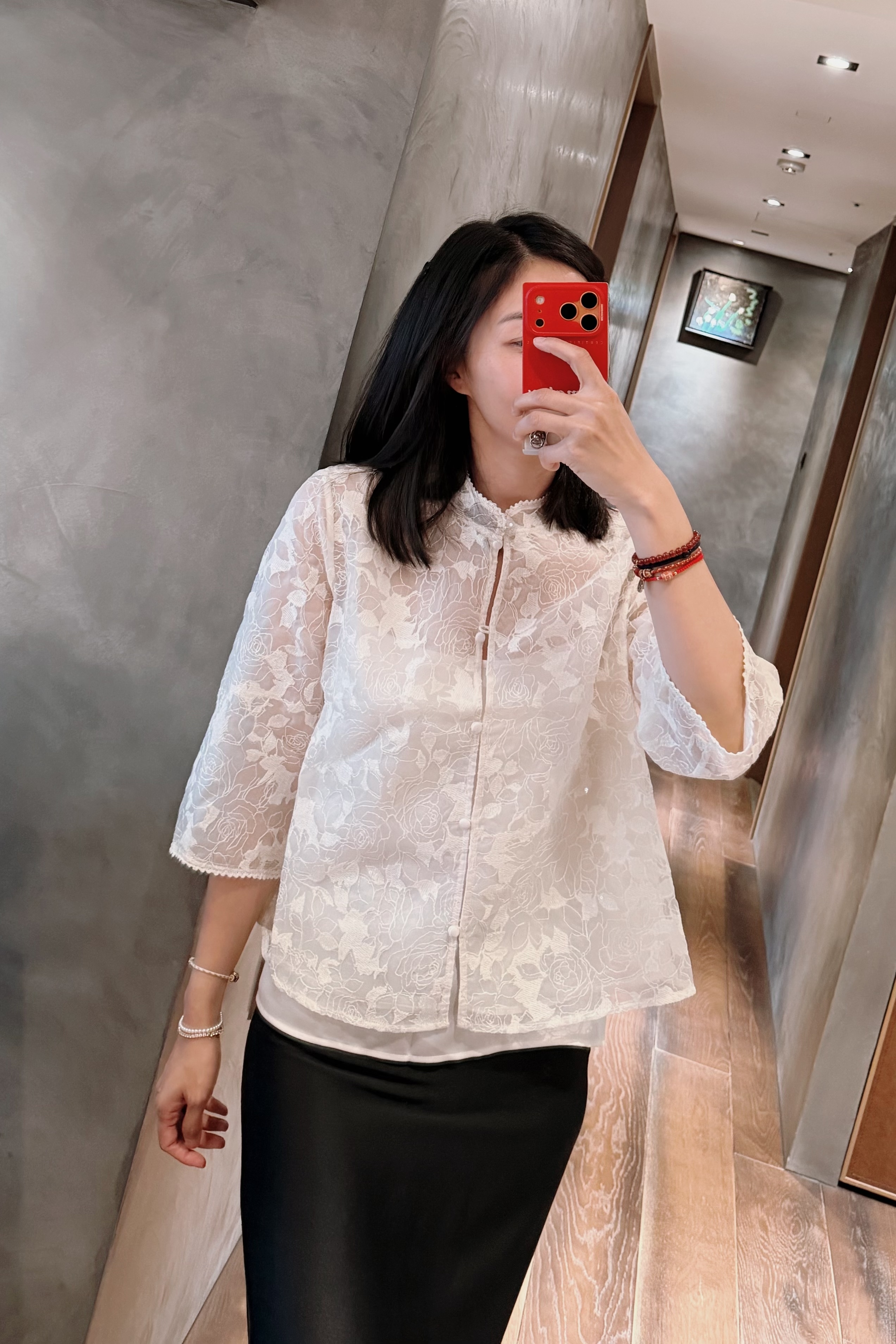 桑蠶絲玫瑰刺繡半袖（贈內裡）