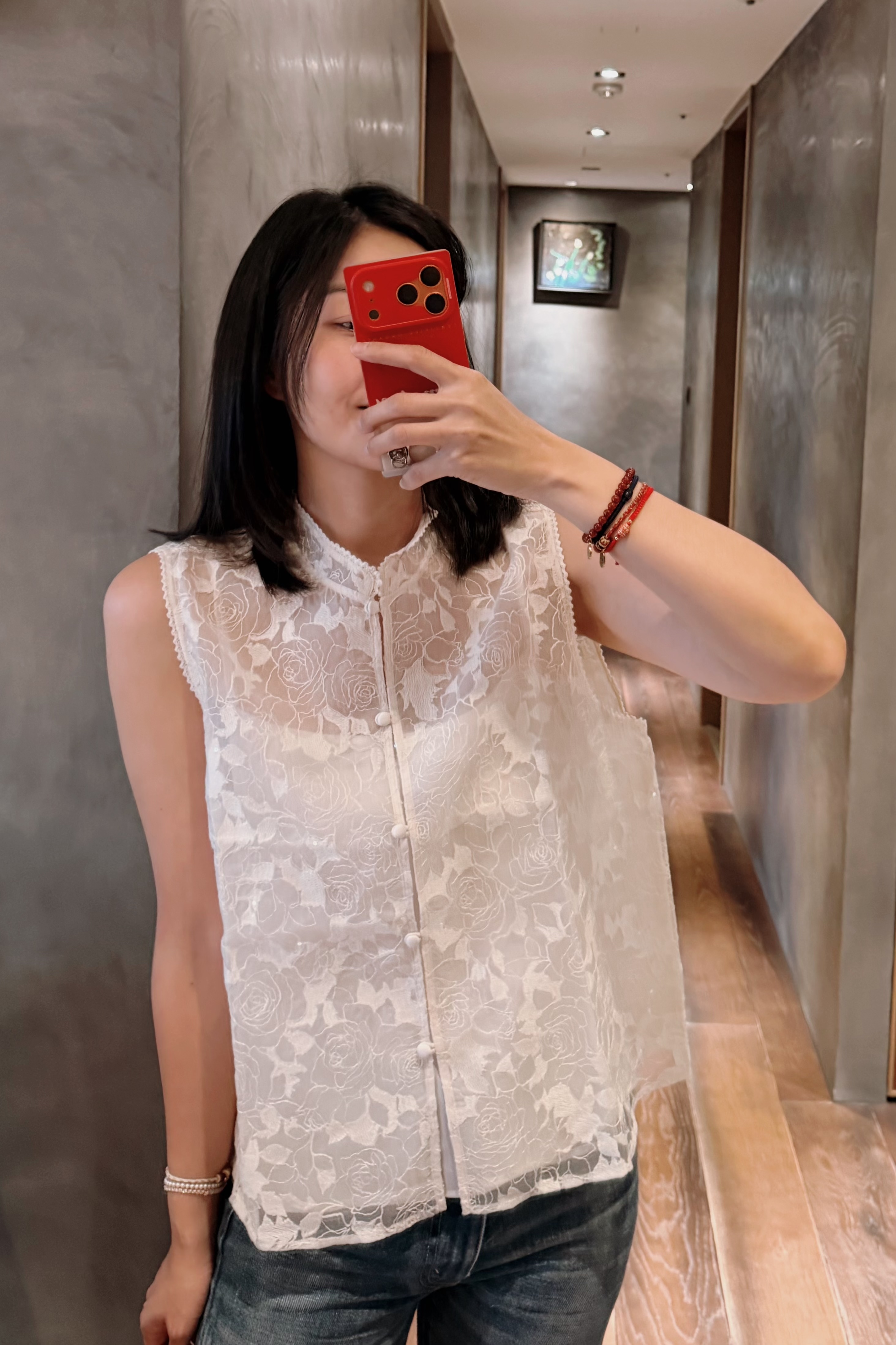 桑蠶絲玫瑰刺繡背心（贈內裡）均碼